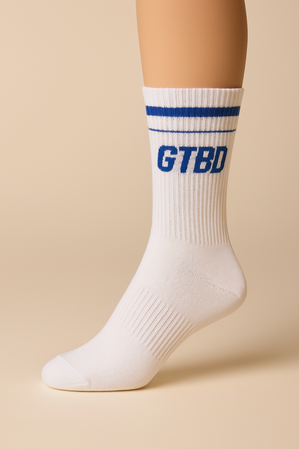 White GTBD Socks (Blue Stripes)